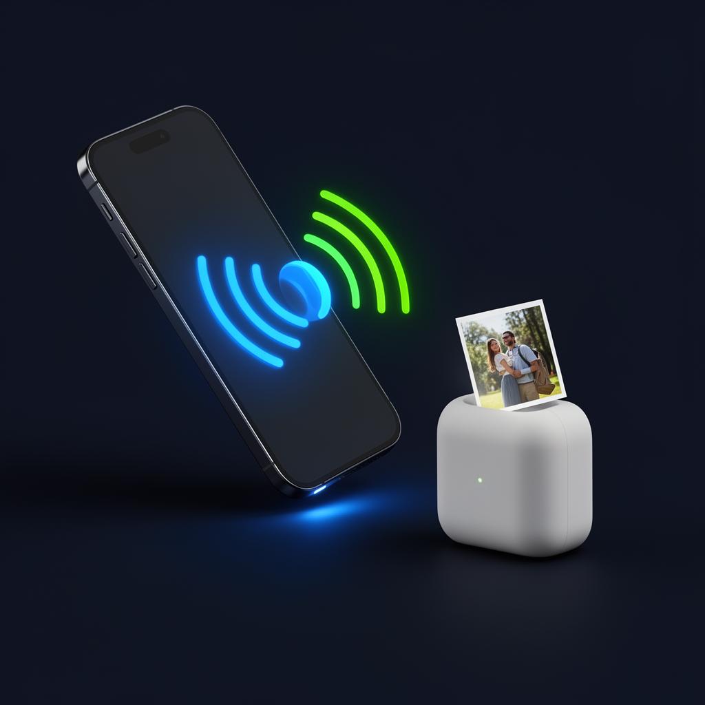 Smartphone connecting wirelessly to a compact smart device printing a small photo